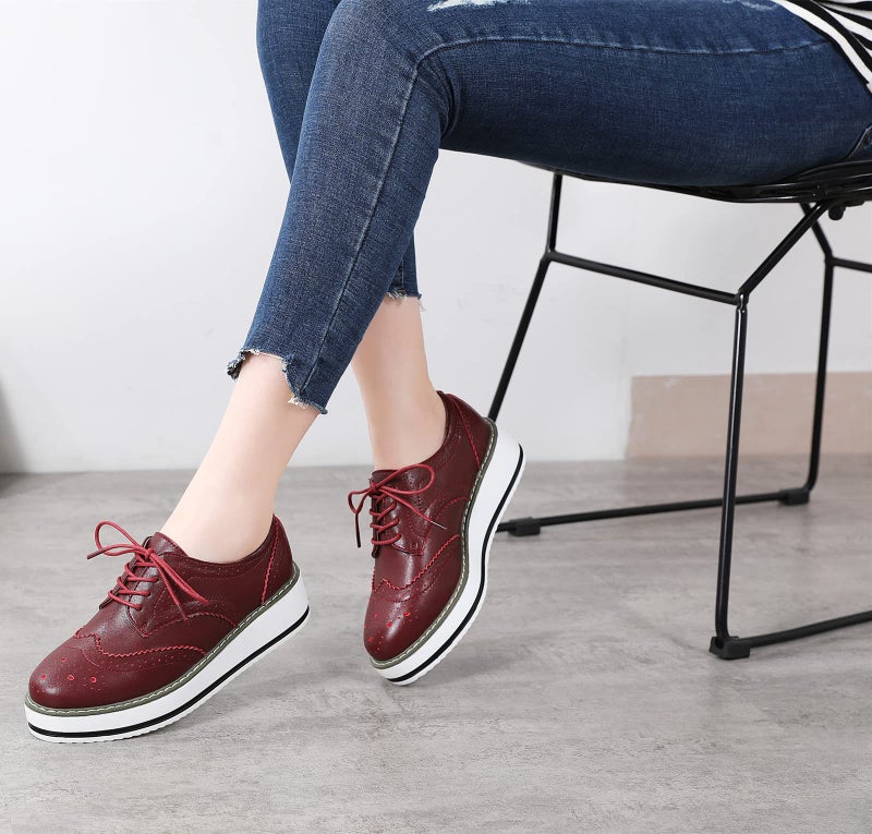 DADAWEN Women's Platform Lace-Up Wingtips Square Toe Oxfords Shoe Wine Red Leather US Size 5/Asia Size 35/22.5cm - Image 3
